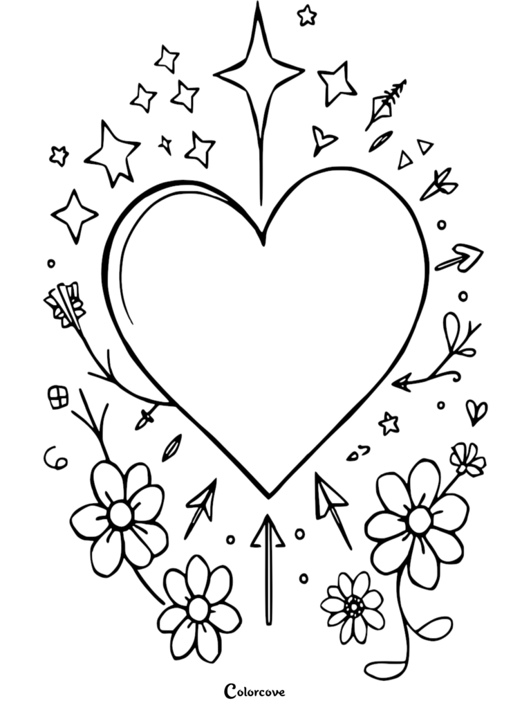 Heart coloring page featuring a central heart surrounded by stars, arrows, and flowers.