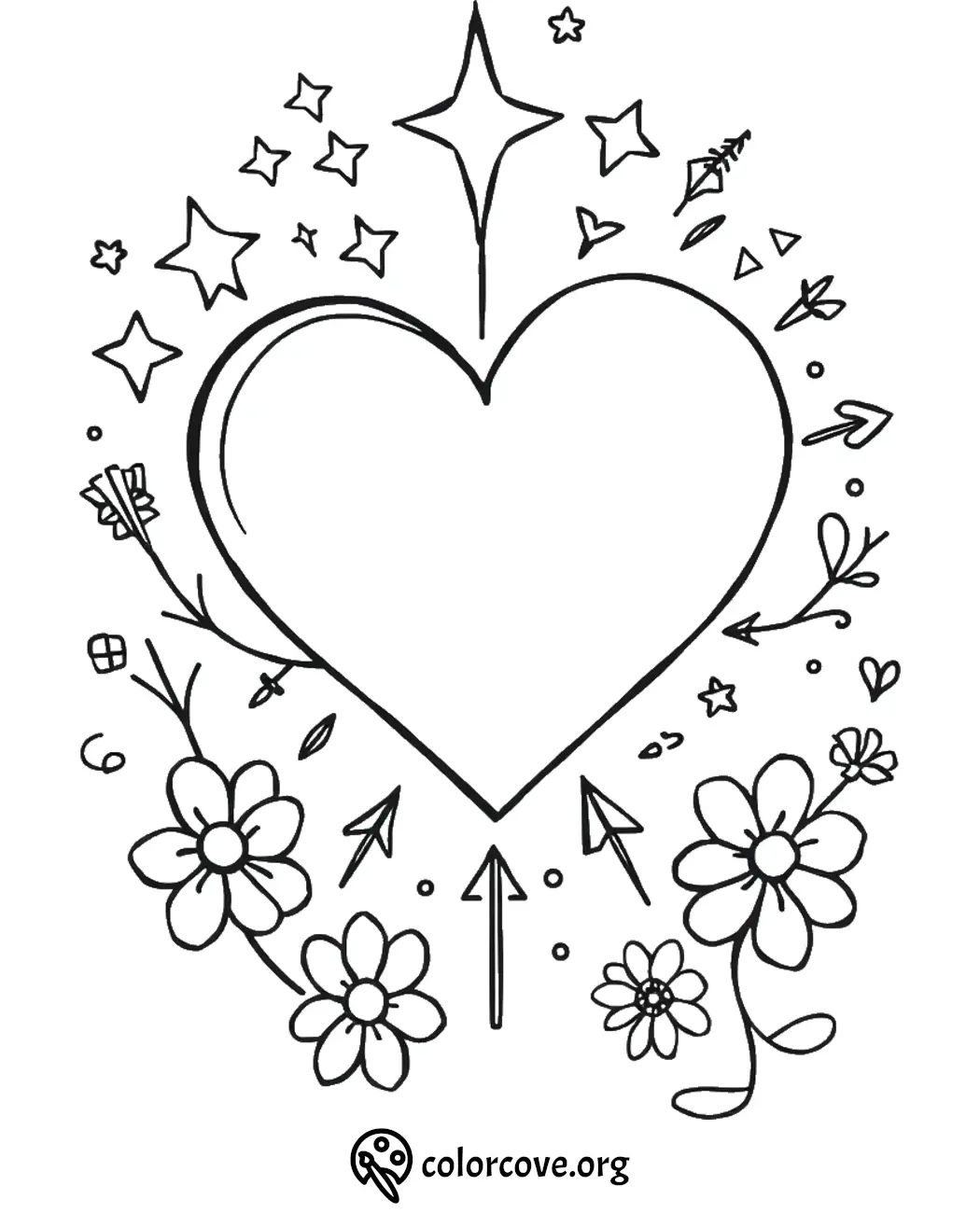 Heart-shaped coloring page with stars, flowers, and arrows, perfect for kids' creative coloring activities.