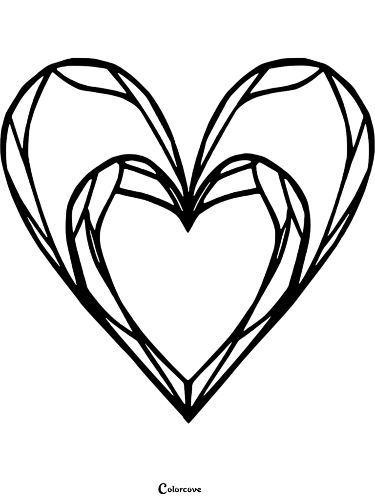 A geometric heart coloring page featuring bold lines and layered abstract shapes.