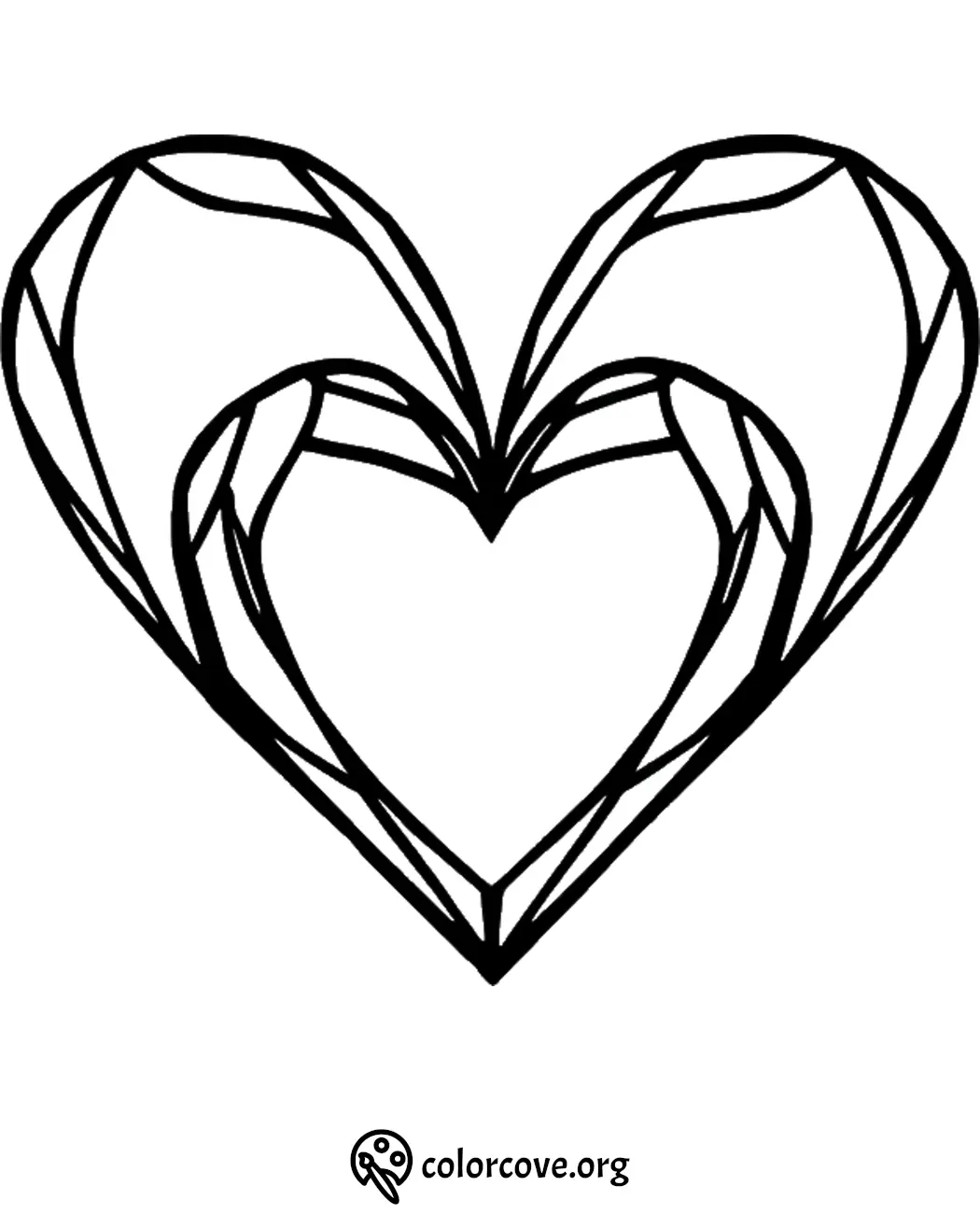 Geometric heart coloring page with intricate patterns for stress relief and creativity.