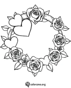 Heart and rose wreath coloring page, ideal for Valentine's Day or romantic themes. Printable floral design.