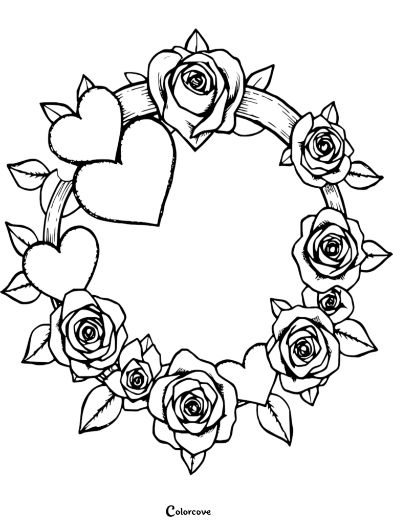 A decorative wreath coloring page featuring blooming roses and multiple heart shapes intertwined in a circular floral arrangement.