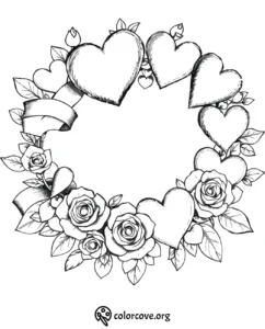 Heart and rose wreath coloring page with ribbon accents, perfect for Valentine's Day creativity and art projects.