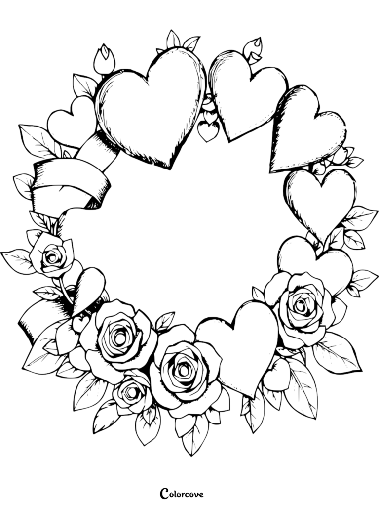 A decorative wreath coloring page featuring multiple hearts, blooming roses, and a flowing ribbon.