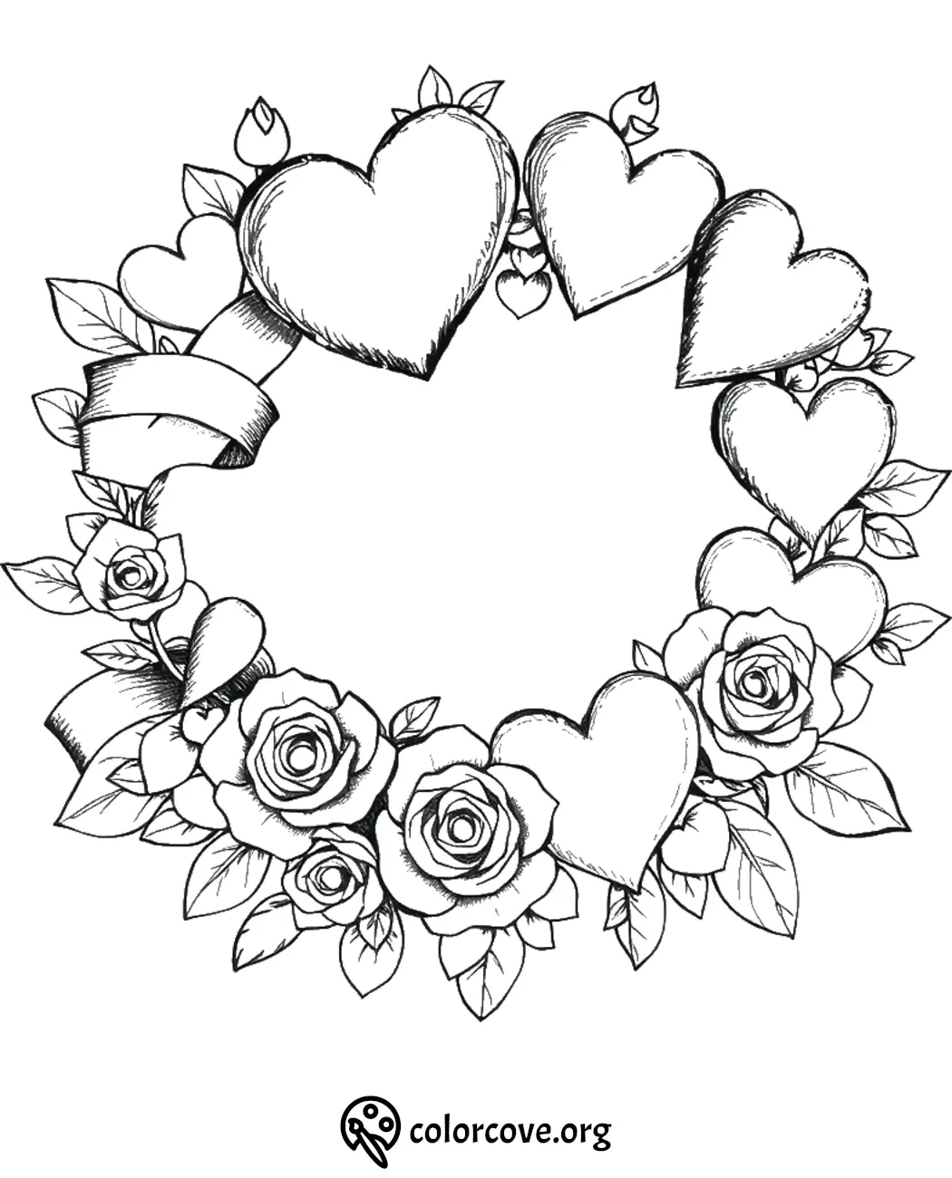 Heart and rose wreath coloring page with ribbon accents, perfect for Valentine's Day creativity and art projects.