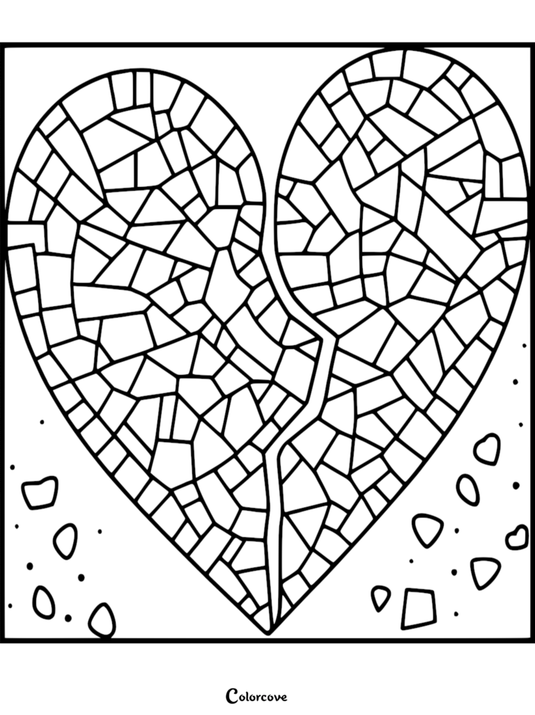 A stained glass style heart coloring page featuring a cracked heart design with scattered small shapes.