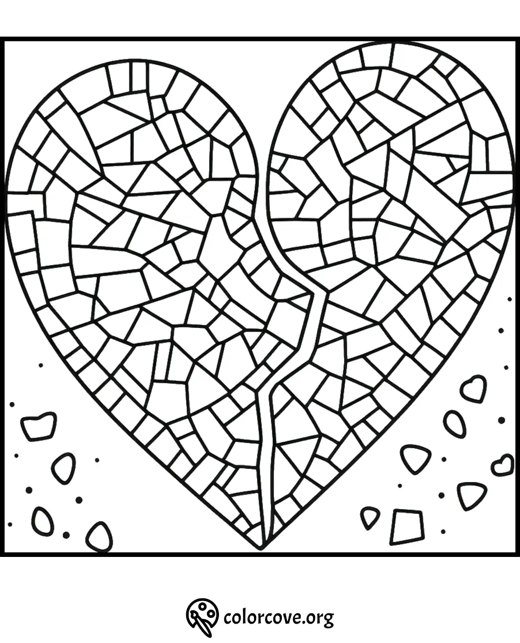 Mosaic heart coloring page with broken pattern for artistic creativity and relaxation.