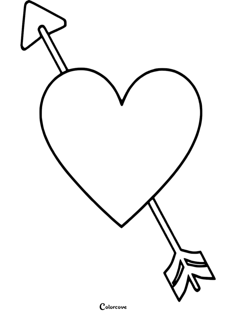 A simple heart coloring page featuring a large heart pierced by a Cupid arrow.