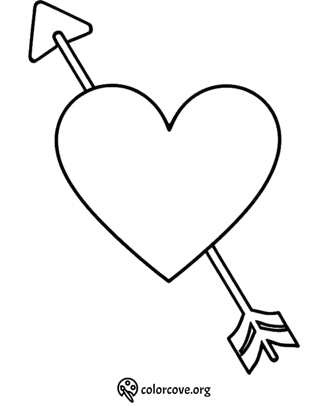 Heart and arrow coloring page for kids, simple design, printable activity for Valentine's Day fun and creativity.