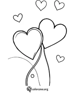 Heart-themed coloring page with two large hearts and small floating hearts. Perfect for kids and Valentine’s Day activities.