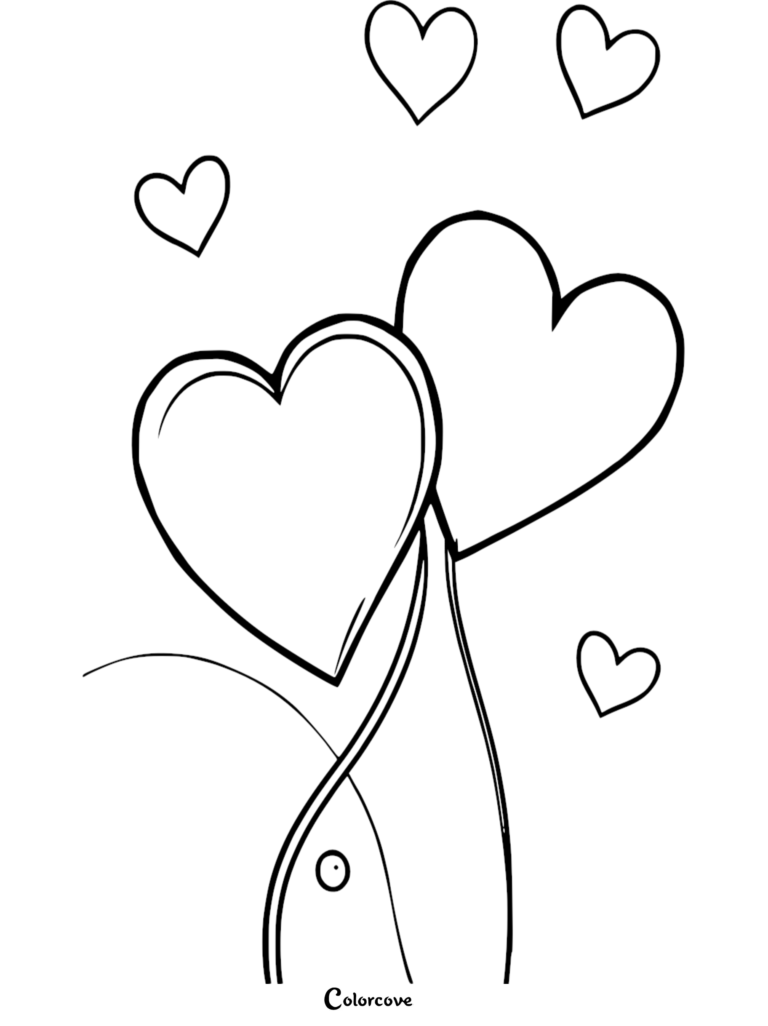 Two large heart balloons floating with smaller hearts in this printable coloring page.