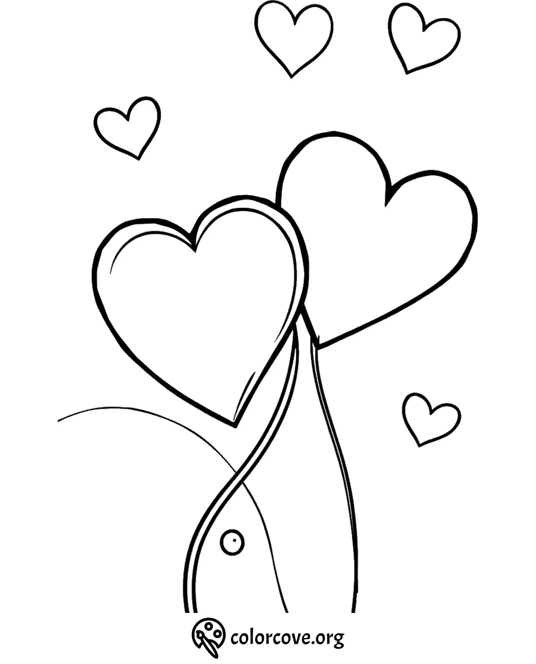 Heart-themed coloring page with two large hearts and small floating hearts. Perfect for kids and Valentine’s Day activities.