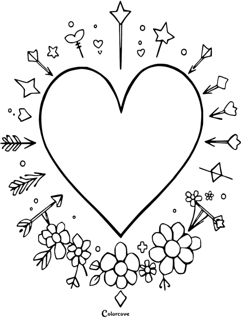 A heart coloring page featuring a central heart surrounded by arrows, stars, and flowers in a circular arrangement.