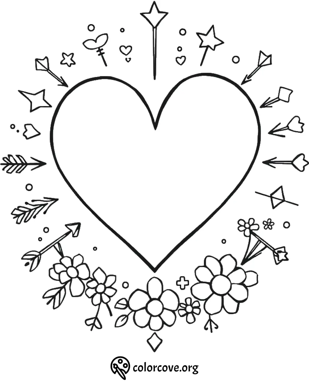 Heart-themed coloring page with flowers, arrows, and stars for creative expression.