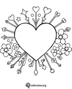 Heart and arrow coloring page with floral and star details for creative coloring activities.
