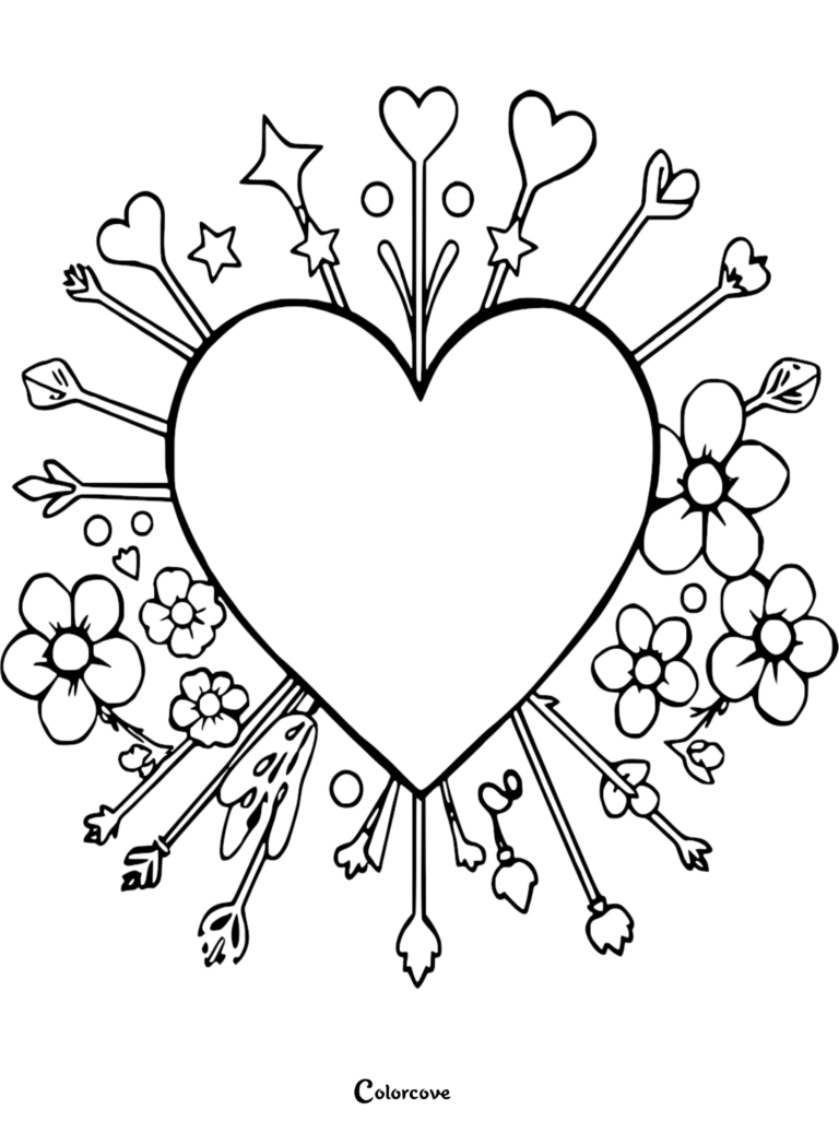 A heart coloring page featuring a central heart surrounded by decorative flowers, stars, and heart-tipped wands.