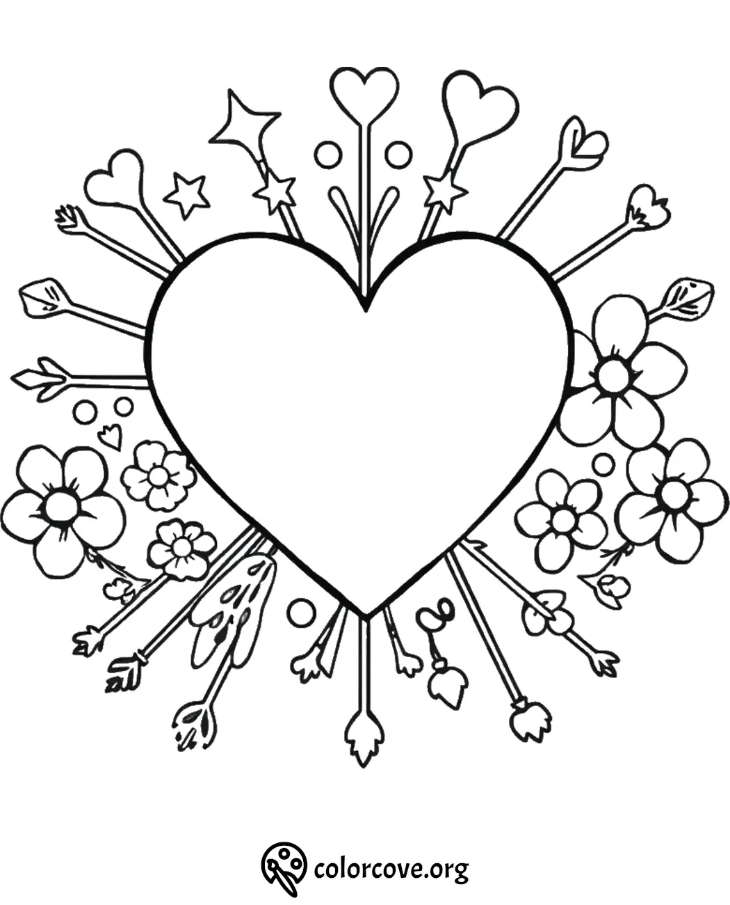 Heart and arrow coloring page with floral and star details for creative coloring activities.