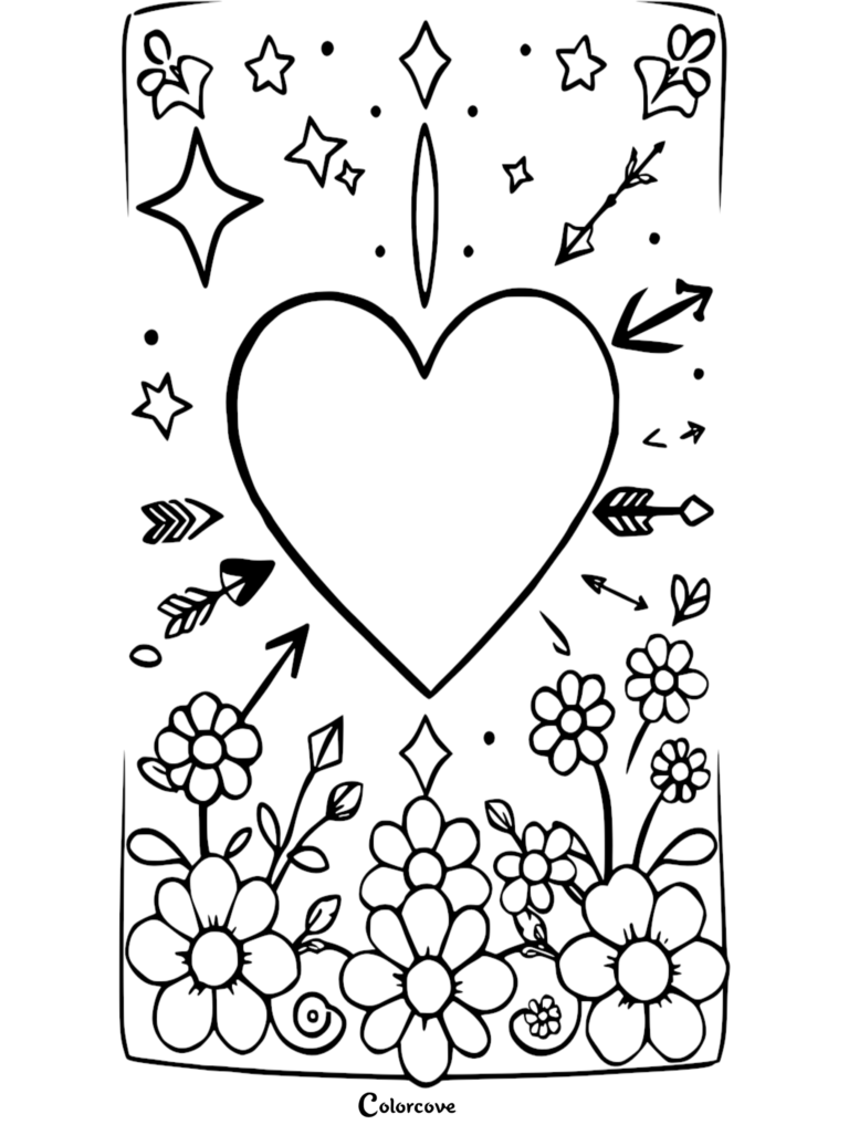 Heart coloring page featuring a central heart surrounded by arrows, stars, and floral elements.