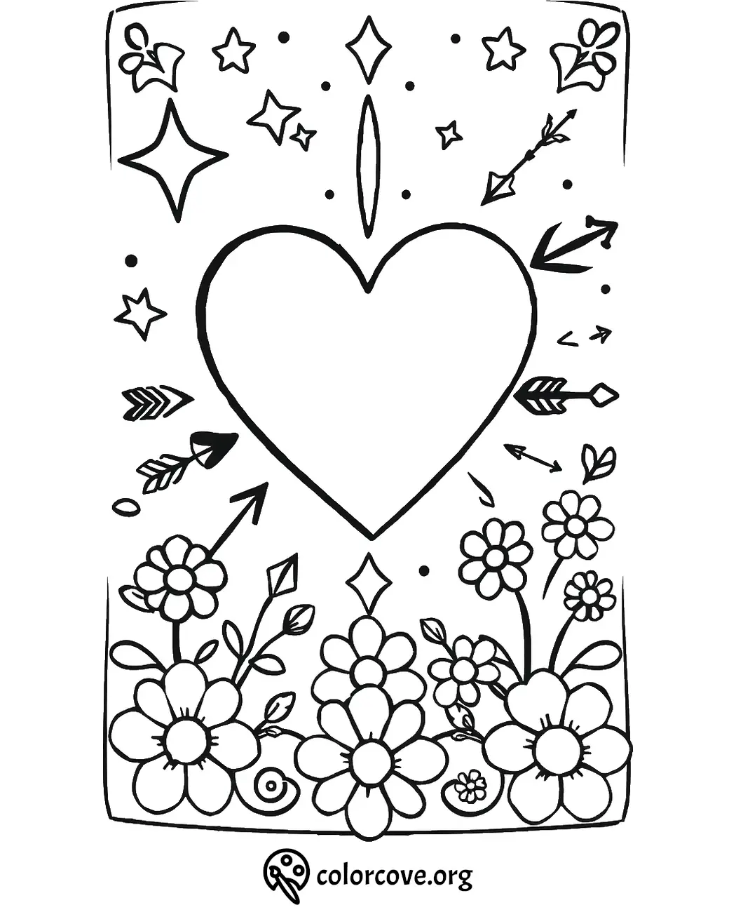 Heart and flower coloring page with stars and arrows, perfect for kids and adults.