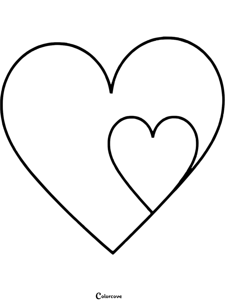 A simple heart coloring page featuring a large heart outline with a smaller heart nested inside.