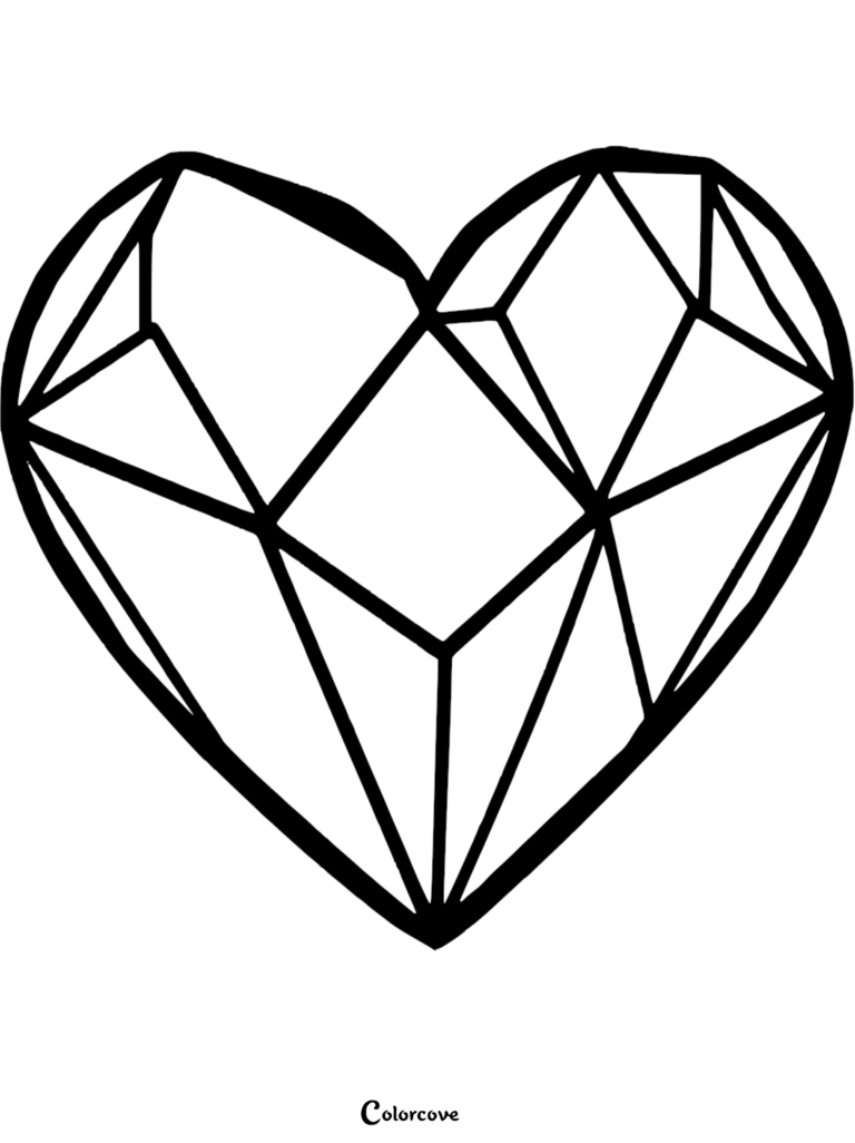 A printable geometric heart coloring page featuring a faceted diamond-like structure with bold black lines.