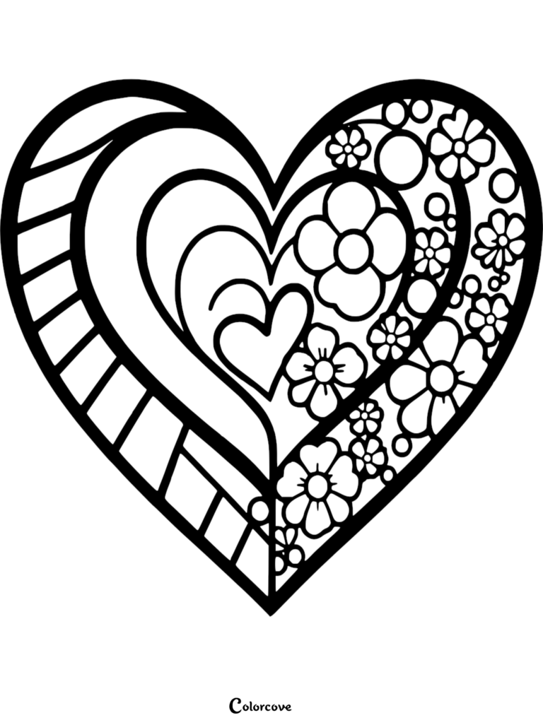 A heart coloring page featuring a split design with diagonal stripes on one side and floral patterns on the other.