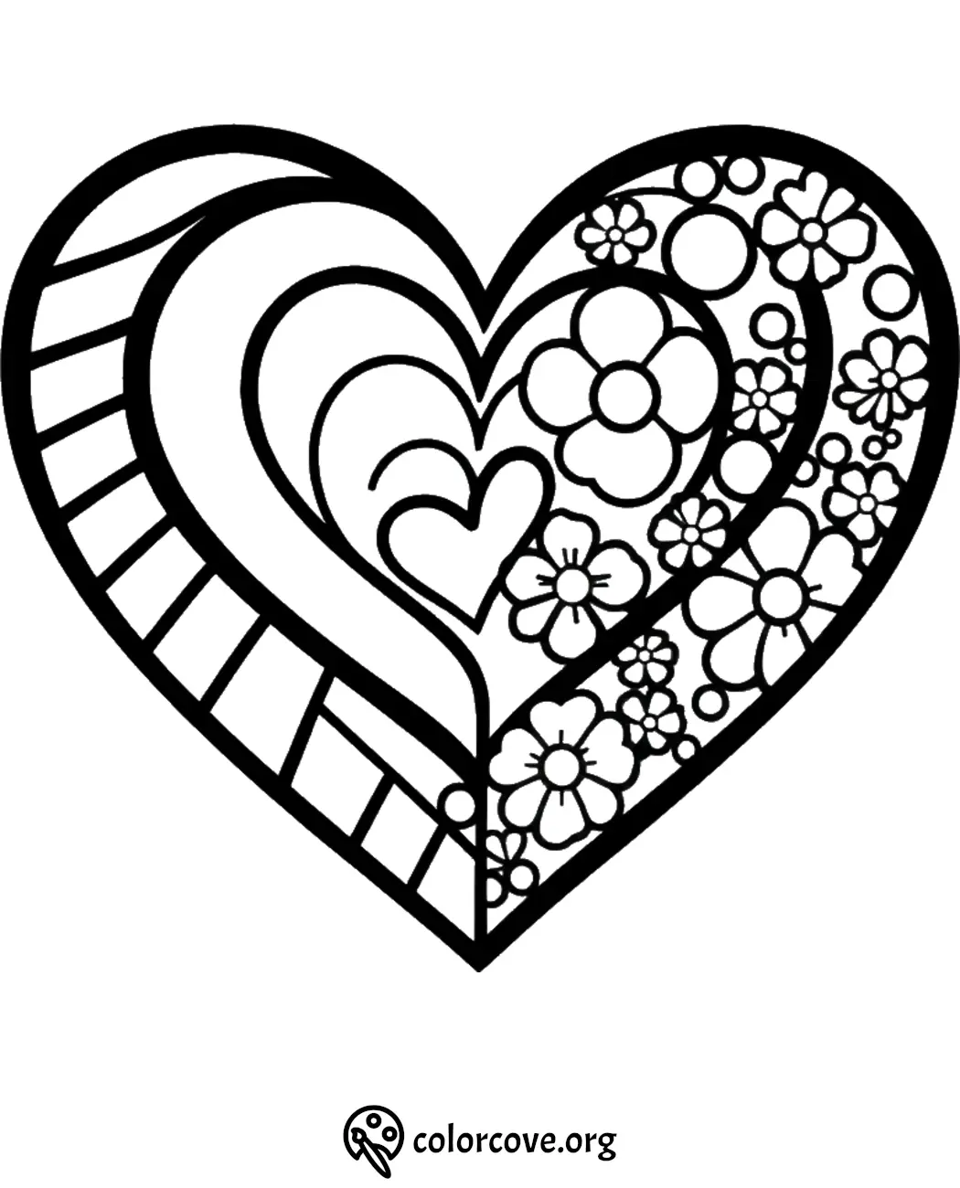 Heart-shaped floral coloring page with intricate flower and stripe patterns for a creative and relaxing activity.