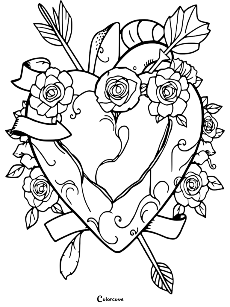 A detailed heart coloring page featuring a heart pierced by an arrow, surrounded by blooming roses and decorative ribbons.