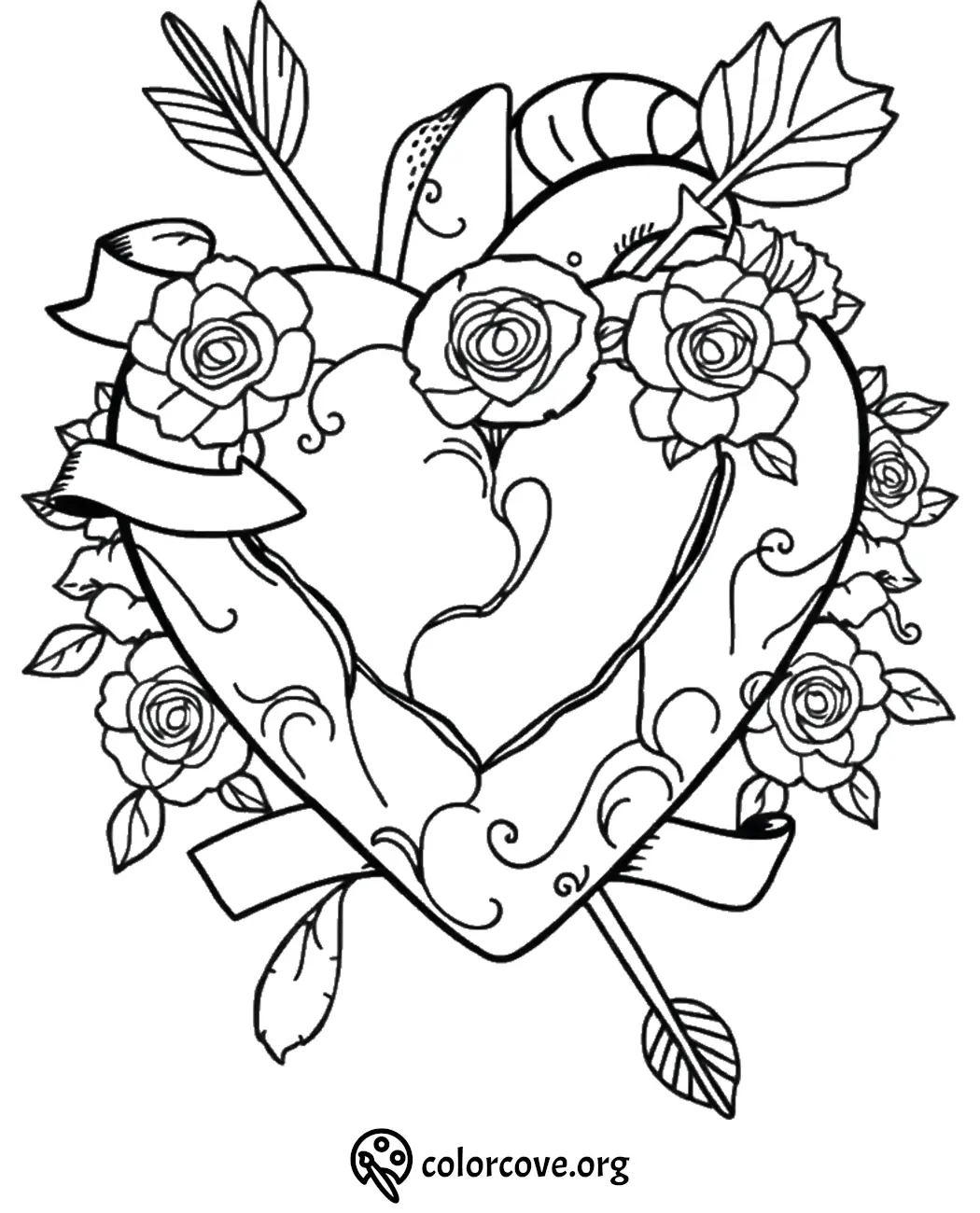 Heart and flowers coloring page with decorative arrows and leaves for relaxation and creativity.