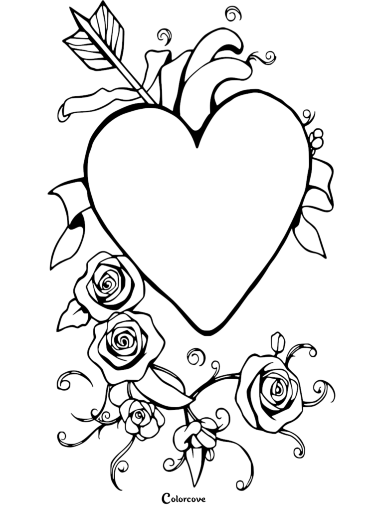 Heart coloring page featuring a heart pierced by an arrow surrounded by roses and ribbons.