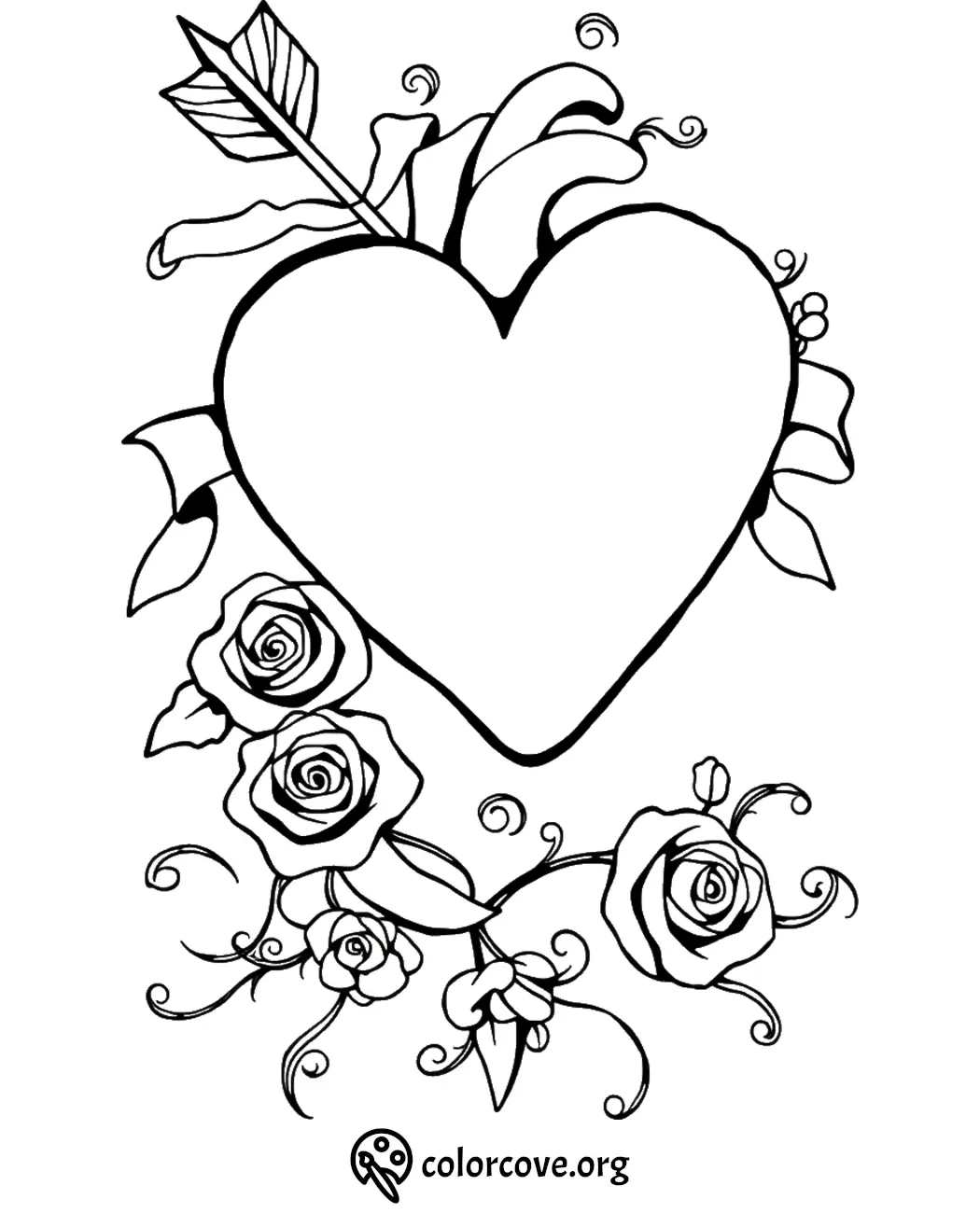 Heart and roses coloring page, intricate floral design with arrow through a heart. Perfect for coloring enthusiasts.