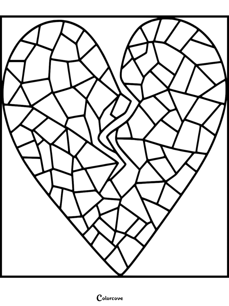 A stained glass style heart coloring page featuring a cracked design with geometric segments.