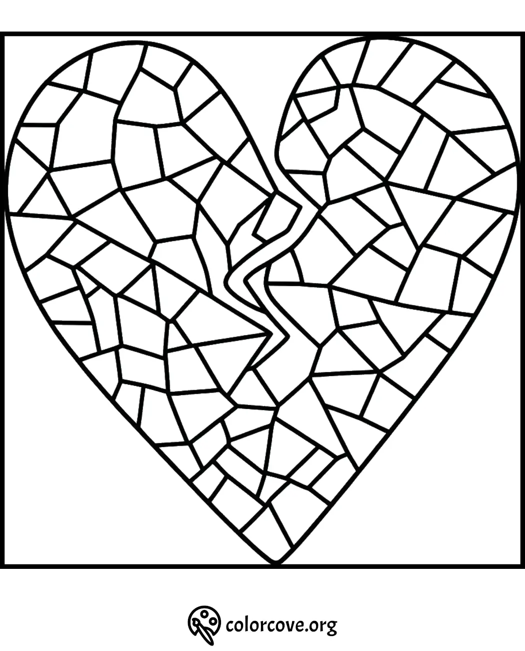 Mosaic heart coloring page with a broken pattern design, perfect for stress relief and creative expression.