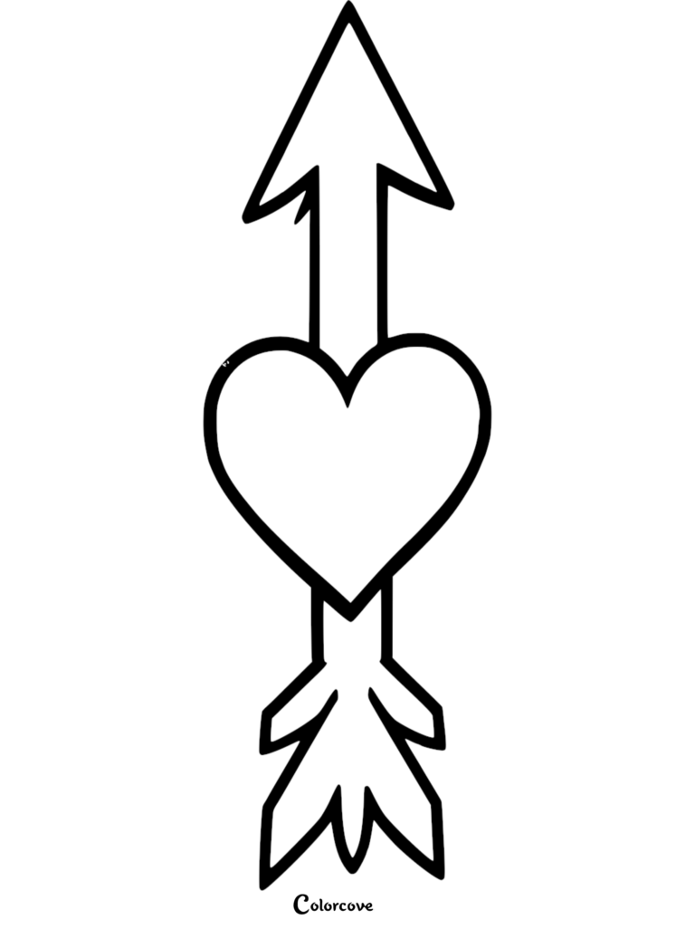 A simple heart coloring page featuring a heart pierced by a vertical arrow.