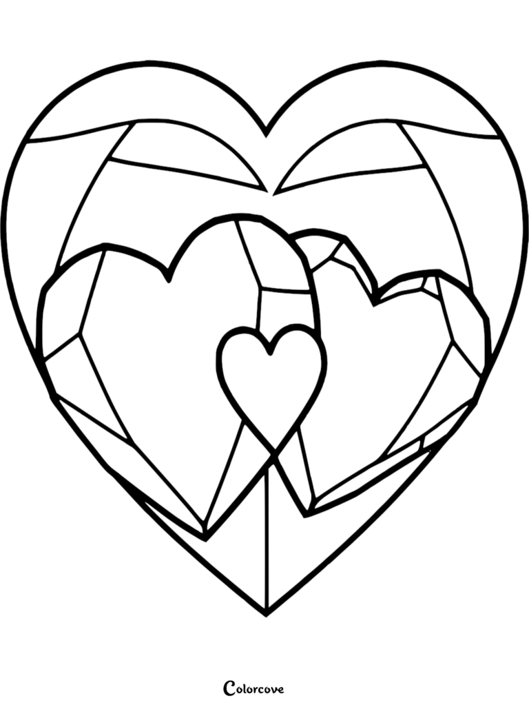 A geometric heart coloring page featuring nested heart shapes with faceted crystal-like outlines.