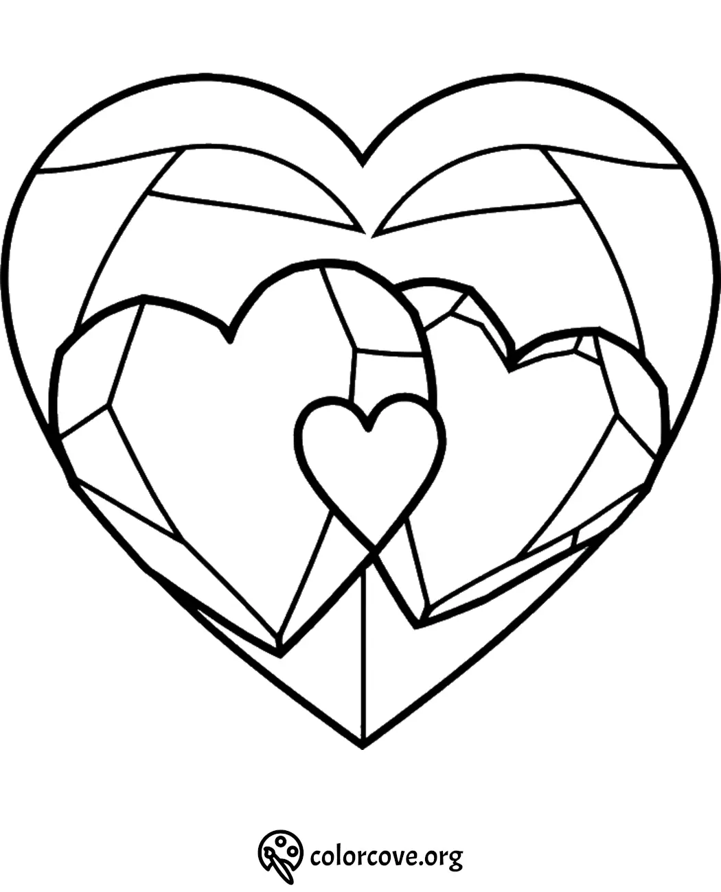 Geometric heart design coloring page for relaxation and creativity. Perfect for kids and adults to color and enjoy.