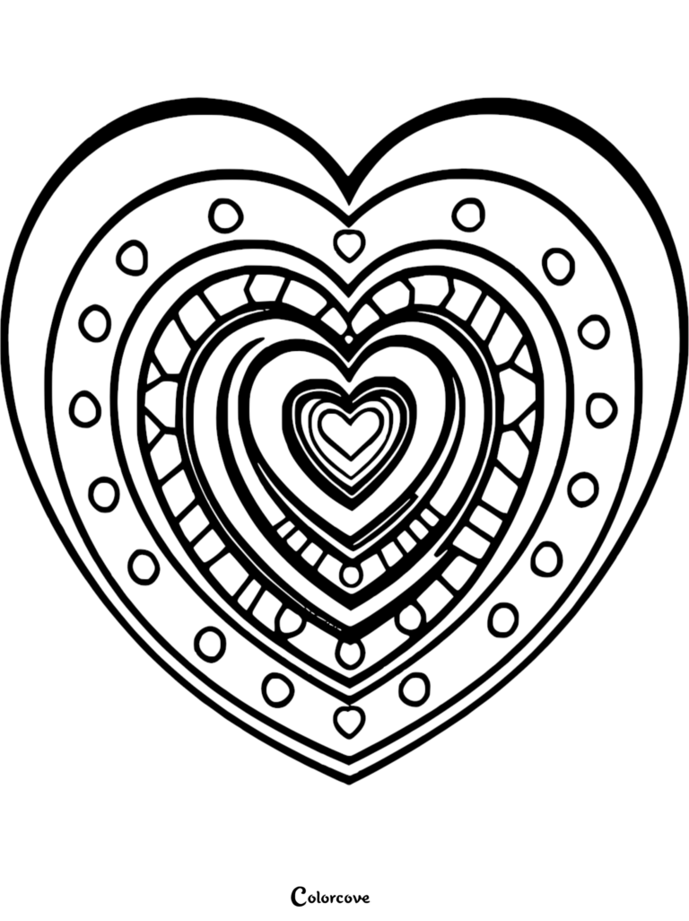 Intricate heart coloring page featuring nested heart shapes with circular and geometric patterns.