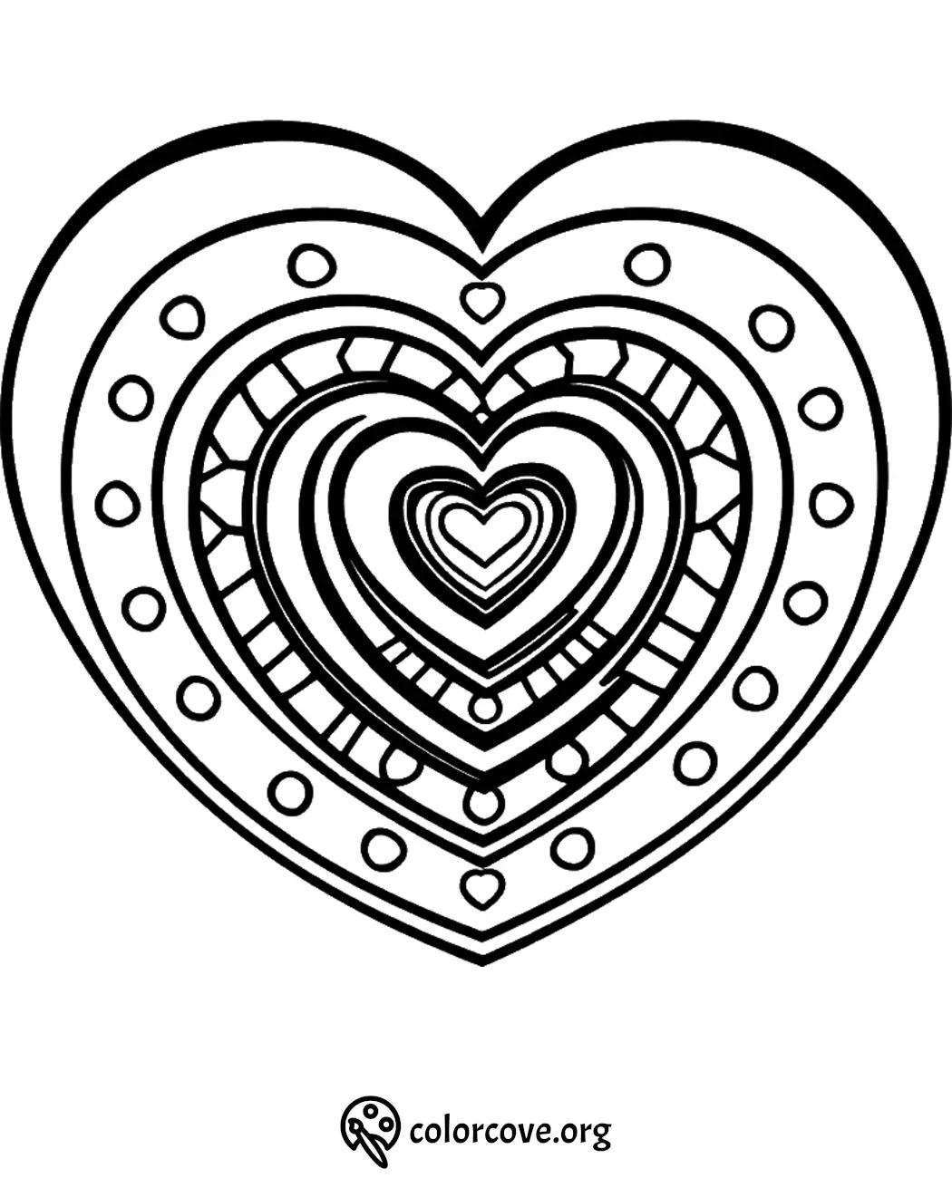 Intricate heart-shaped mandala coloring page with geometric patterns and circles for creative relaxation.