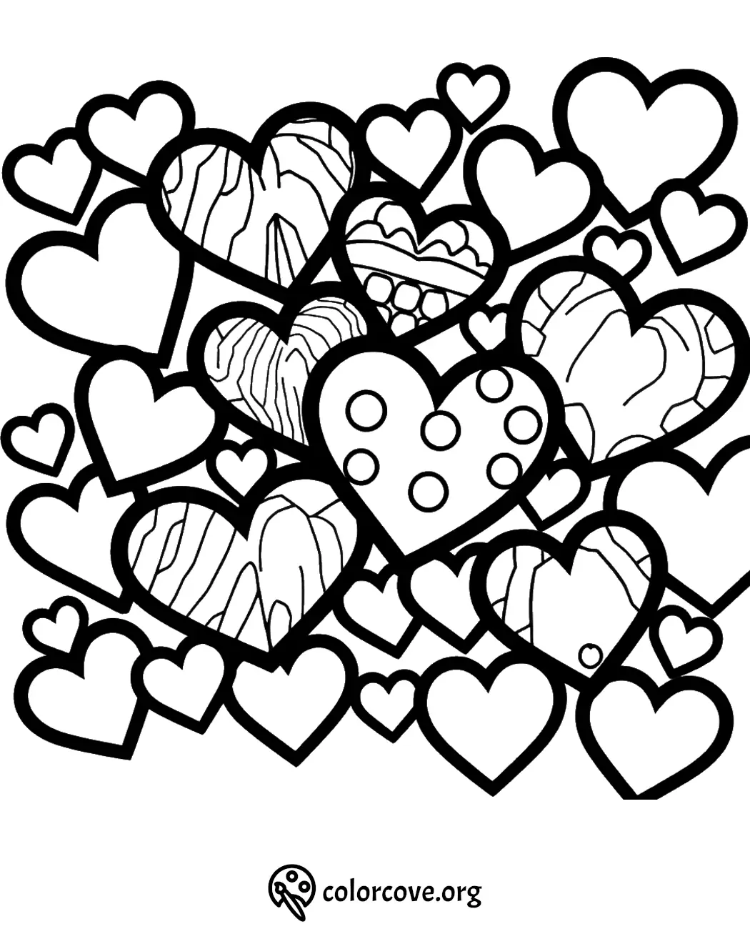 Hearts coloring page with various patterns, perfect for creative coloring and relaxation.