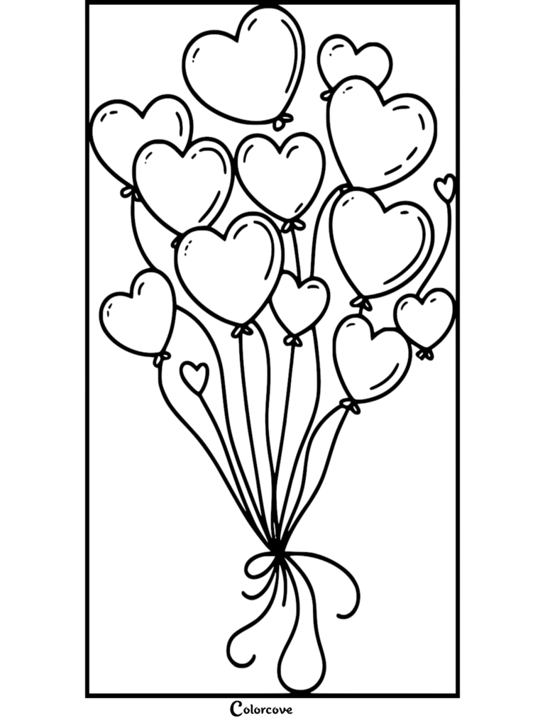 A cluster of heart-shaped balloons tied together in this free printable heart coloring page.