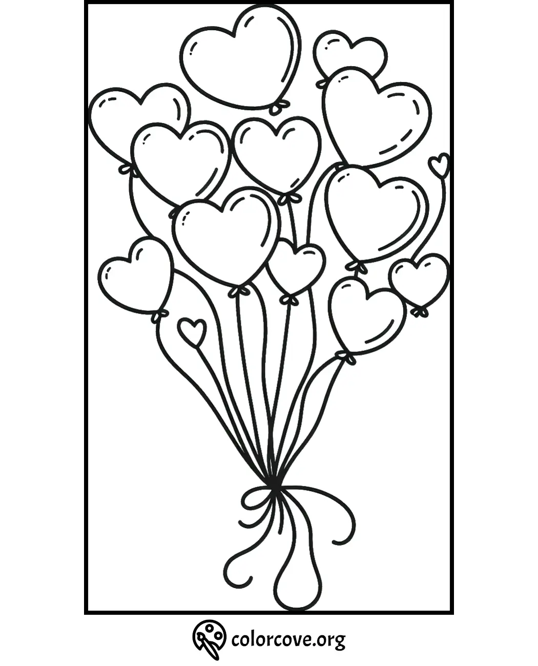 Heart-shaped balloons coloring page with a bunch tied together, perfect for kids and creative Valentine's activities.