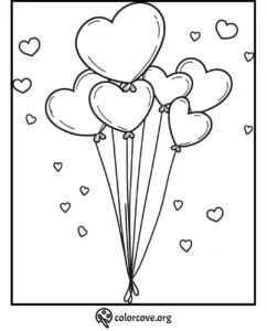 Heart-shaped balloons coloring page with floating hearts, perfect for kids' creative fun.