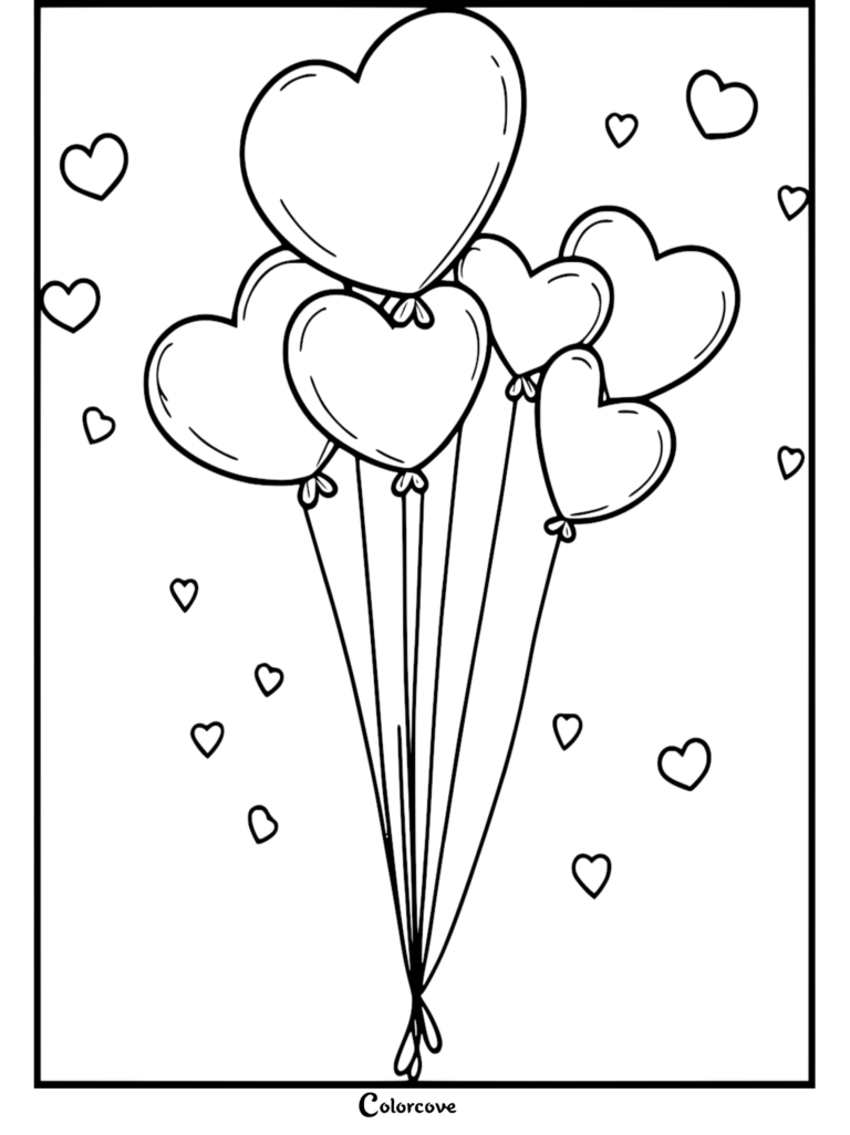A cluster of heart-shaped balloons floating with smaller hearts in this free printable coloring page.