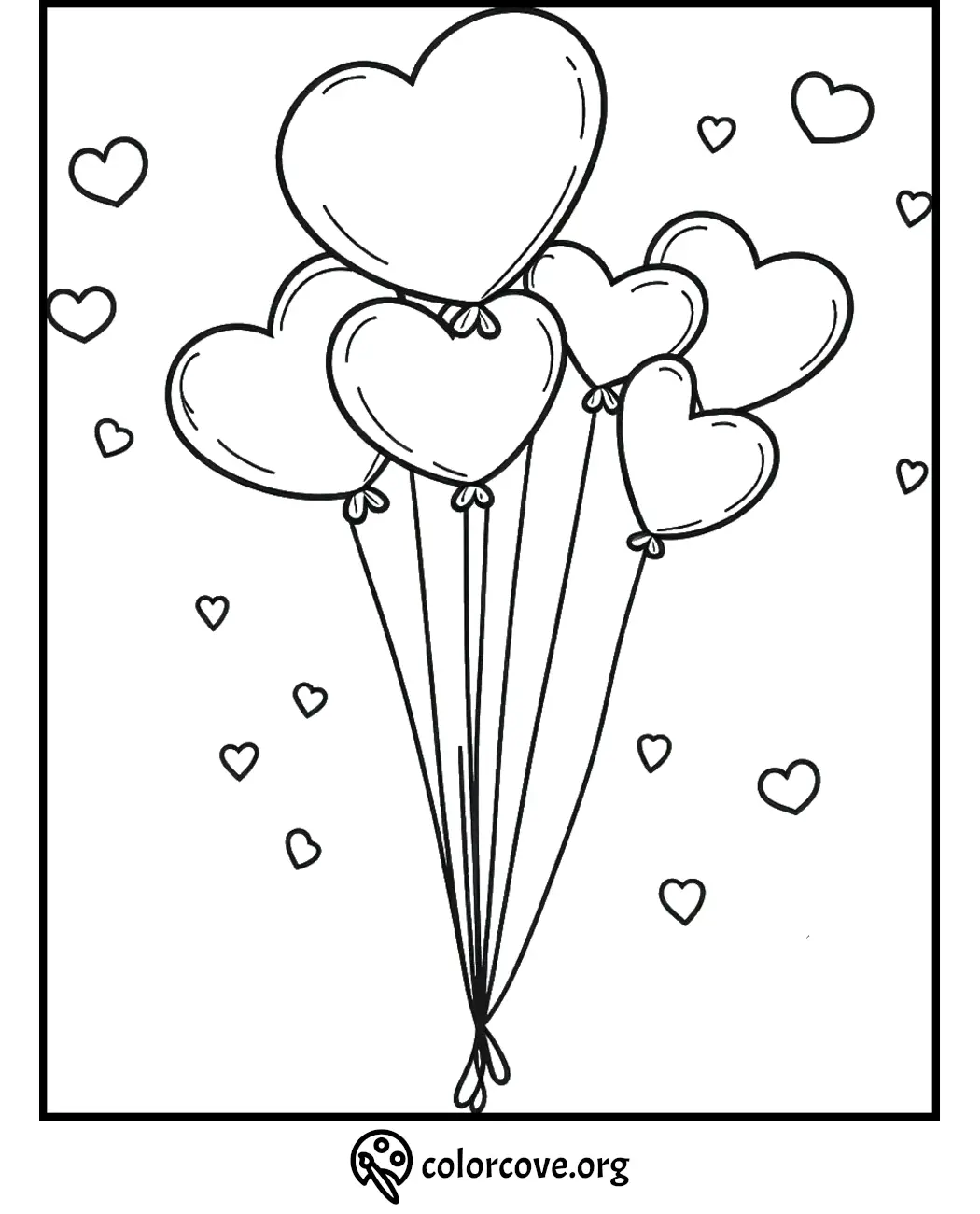 Heart-shaped balloons coloring page with floating hearts, perfect for kids' creative fun.