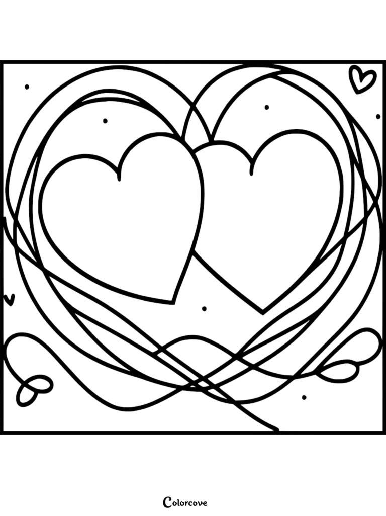 Two hearts intertwined with decorative swirling ribbons.