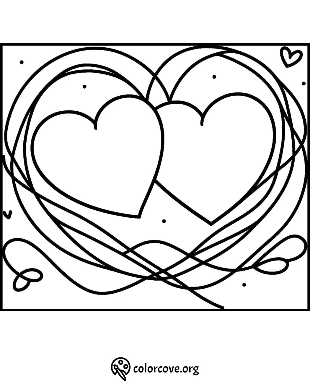 Heart-themed coloring page with two intertwined hearts and abstract lines for creative coloring fun.