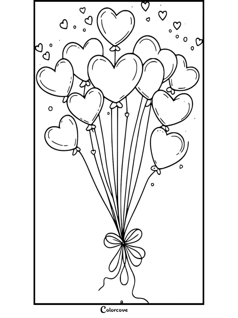 A bouquet of heart-shaped balloons tied with a ribbon in this free printable heart coloring page.