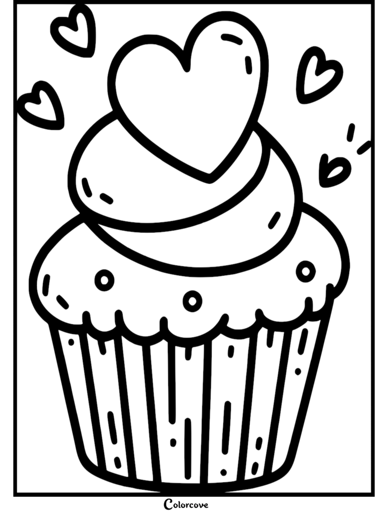 A printable heart cupcake coloring page featuring a frosted treat topped with a large heart and floating heart accents.