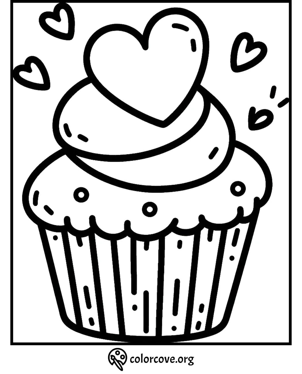 Cupcake coloring page with heart design, perfect for kids and baking lovers. Free printable from colorcove.org.