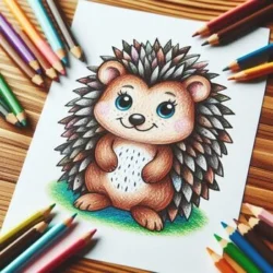 Adorable hedgehog coloring page with colorful pencils laid around it, perfect for kids' art projects and fun activities.